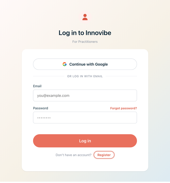 Practitioner-app login page with the Register button highlighted - click this to start registration