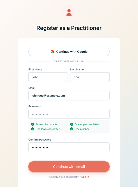 Completed email registration form with password-strength checklist and highlighted Continue with email button
