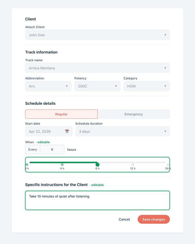The Edit Schedule form with the Frequency slider and the Instructions textarea highlighted as editable; the Client, Track, Schedule type, Start date, and Schedule duration fields are all visibly disabled