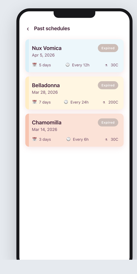 The full Past schedules page on a phone with a back arrow and 