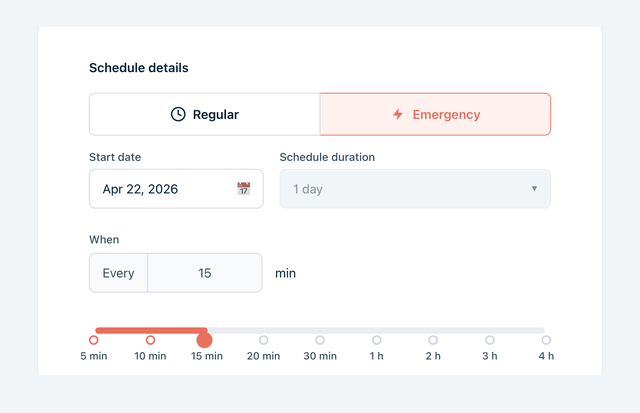 The Schedule details section with Emergency selected, the Schedule duration locked at