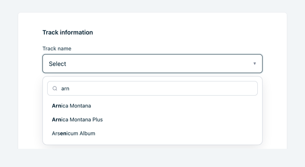 The Track name dropdown open with the search query 