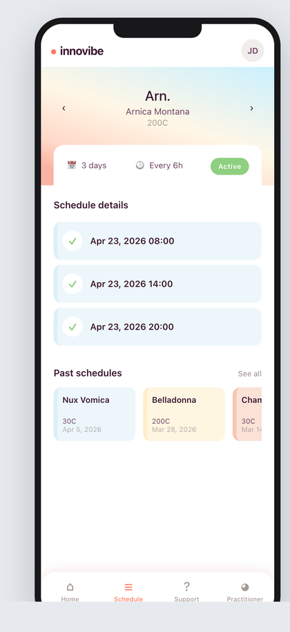 The Client app Schedule tab on a phone, showing the current Innovibe Frequency (Arnica Montana, 200C), a white summary row with 