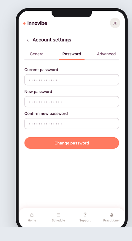 The Password tab of Account settings on a phone, with three password fields (Current password, New password, Confirm new password) filled with dots and a coral 