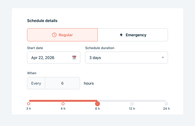 The Schedule details section with Regular selected, a Start date of Apr 22, 2026, a 3-day duration, and the