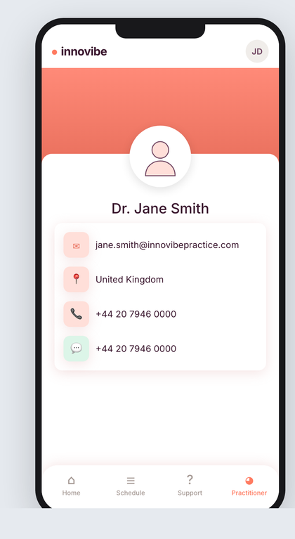 The Practitioner tab on a phone with a coral gradient banner, a circular avatar for Dr. Jane Smith, and a contact card listing her email, country (United Kingdom), phone, and WhatsApp
