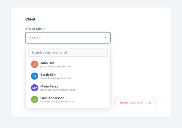 The Attach Client dropdown open, showing the 