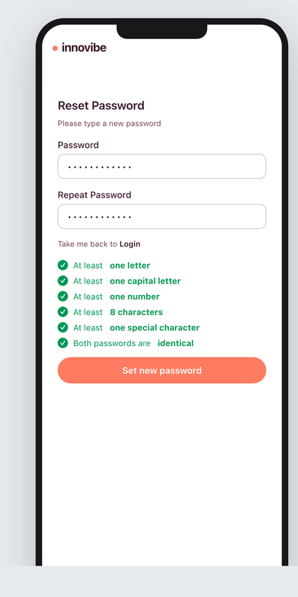 The Reset Password screen on a phone with the heading, 